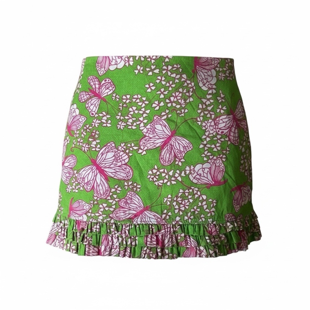 Lilly Pulitzer Ruffled Skirt, Green an Oink Butterfly Pattern, Pockets, 8